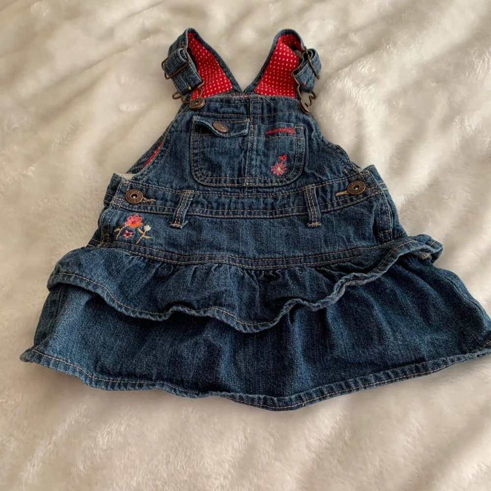 OshKosh B'gosh Denim Embroidered Overall Ruffle Jumper Size 9 Months